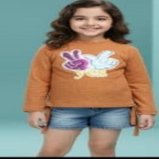 Girls Brown Full Sleeves “Yes” Graphic Top