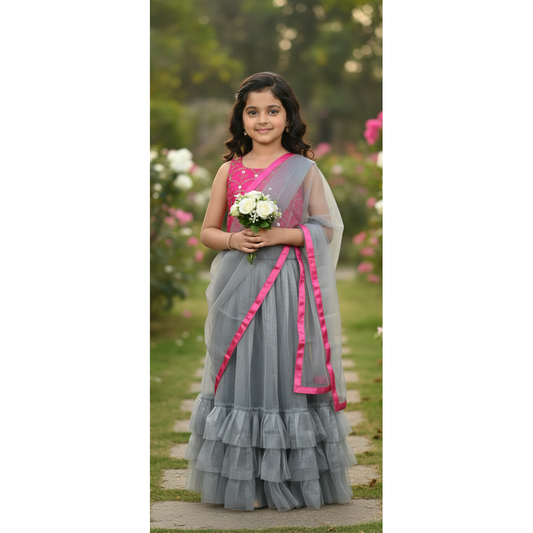 Mirayaah Girls Grey Net Lehenga Choli Set with Pink Dupatta