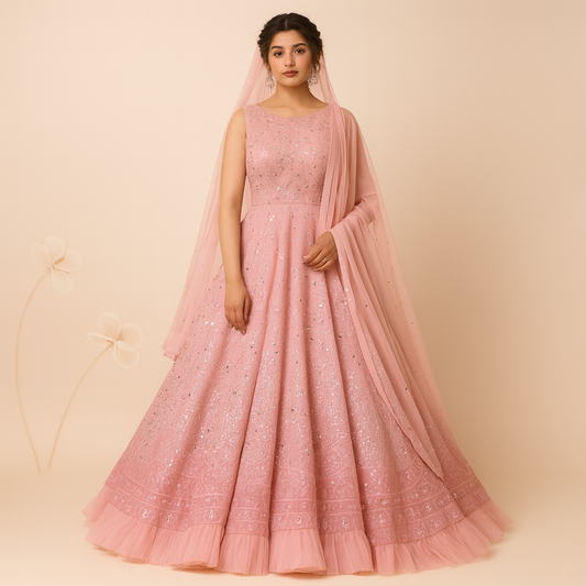 Blush Pink Sequinned Embroidered Gown and dupatta