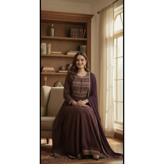 Maroon Ethnic Printed Nayra Cut Kurta Set with Dupatta