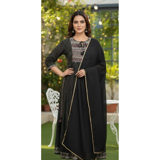 Black Ethnic Printed nayra cut Kurta Set with Dupatta