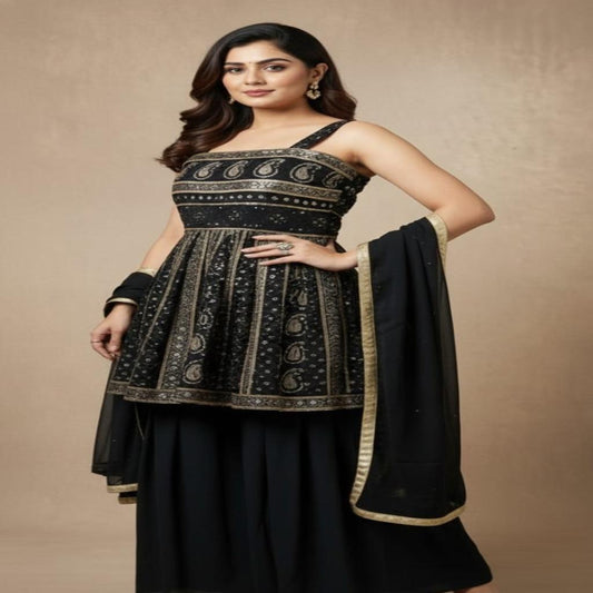 Black Gold Printed Sharara Set with Strappy Kurti & Dupatta