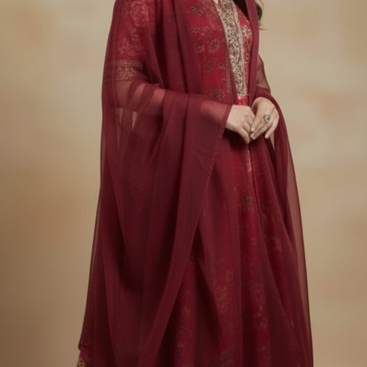 Maroon Royal Printed Anarkali Suit Set with Dupatta