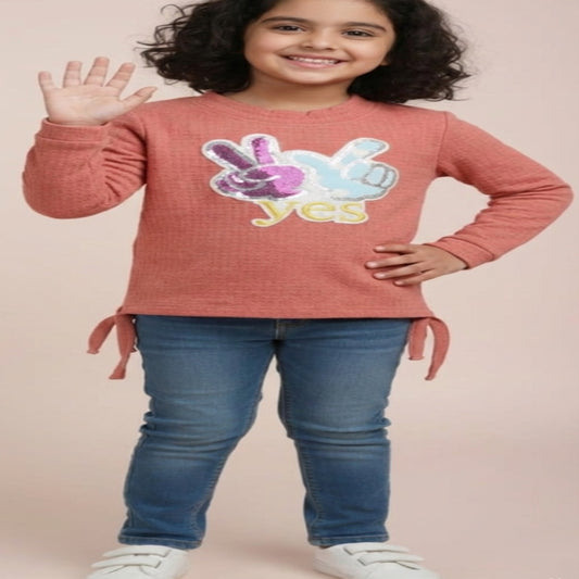 Girls “YES” Sequin Print Full Sleeve Cotton Top