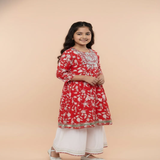Girls Red Floral Printed Kurti with White Palazzo Set | Ethnic Wear for 12–13 Years