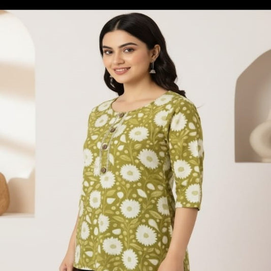 Olive Green Floral Printed Short Kurti Top
