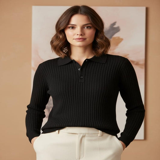 Black Ribbed Knit Polo Sweater