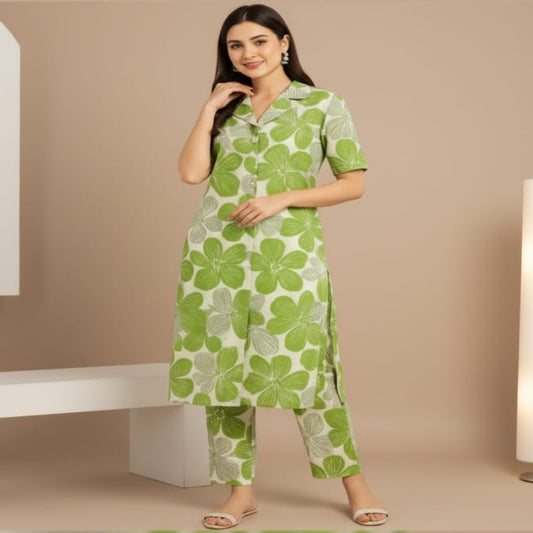 Green Floral Printed Straight Kurti for Women