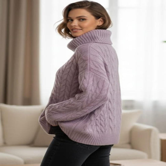 Lavender Cable Knit Turtleneck Sweater