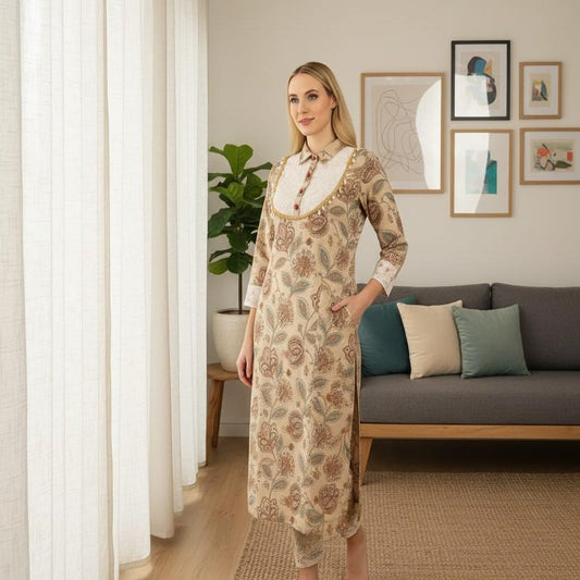 Beige Floral Printed Kurta with Contrast Collar & Yoke Detail