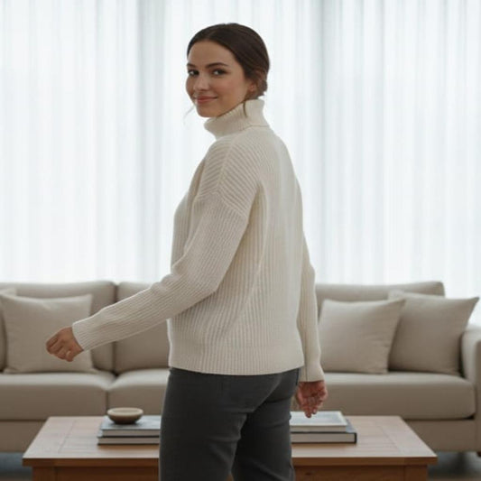 Cream Ribbed Turtleneck Sweater