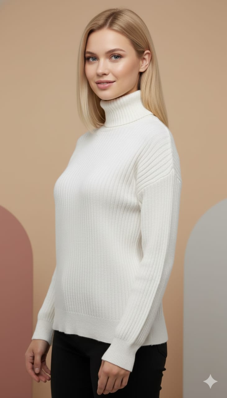 Women’s Classic Ribbed Turtleneck Sweater – Pure White