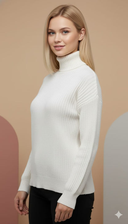 Women’s Classic Ribbed Turtleneck Sweater – Pure White