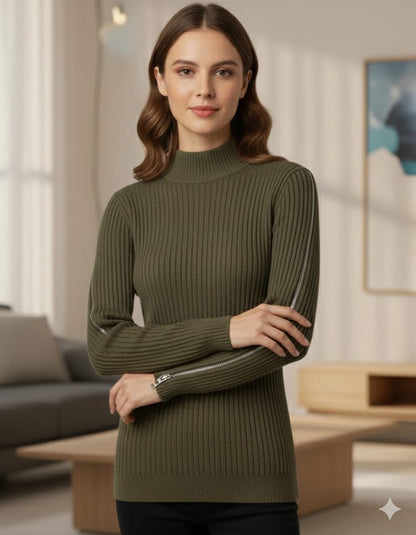 Women’s Ribbed High-Neck Sweater with Sleeve Zipper Detail – Olive Green