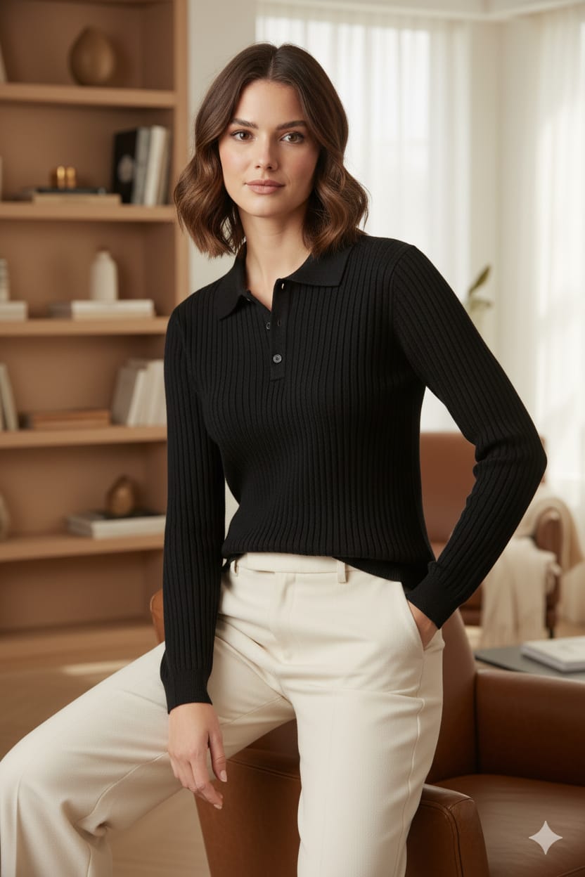 Black Ribbed Knit Polo Sweater