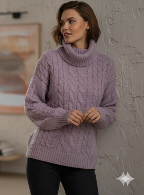 Lavender Cable Knit Turtleneck Sweater