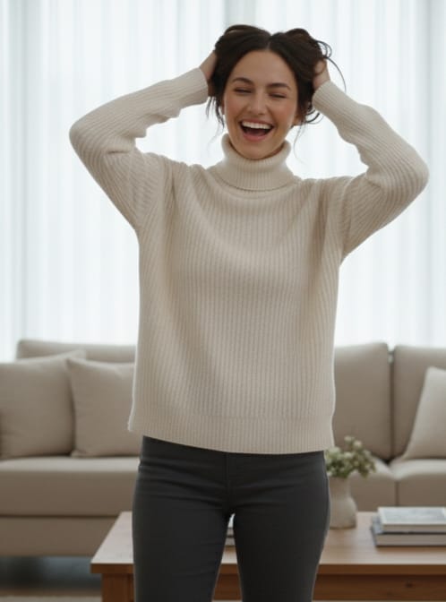 Cream Ribbed Turtleneck Sweater