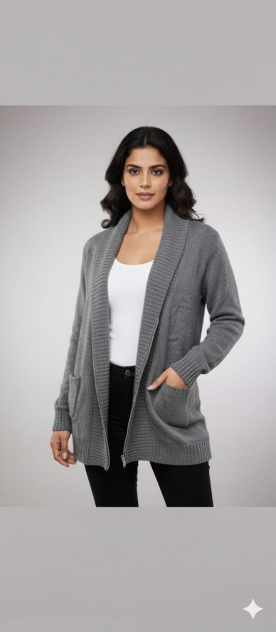 Women’s Cozy Grey Knitted Zip-Up Cardigan