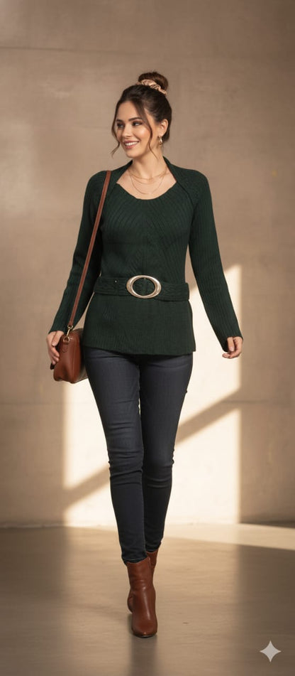 Women’s Elegant Black Knitted Long Sweater with Silver Belt