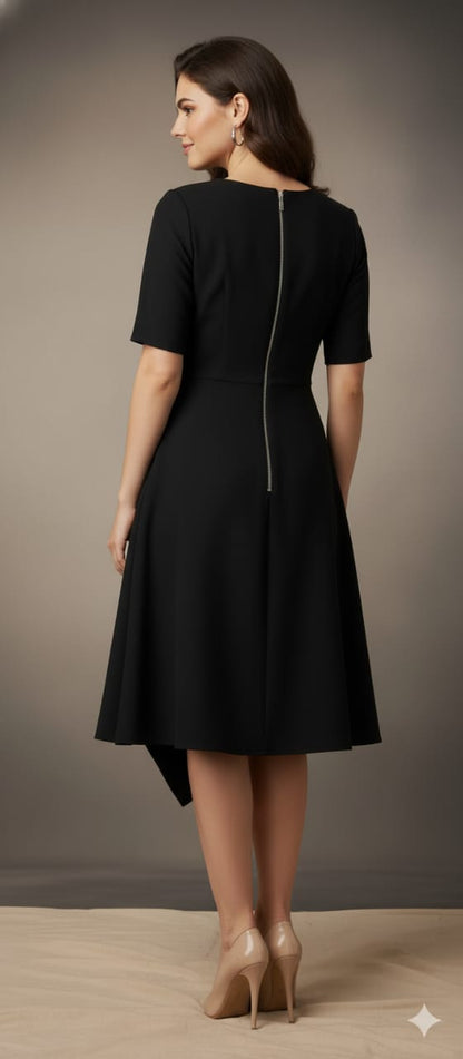 Elegant Black A-Line Midi Dress with Back Zip