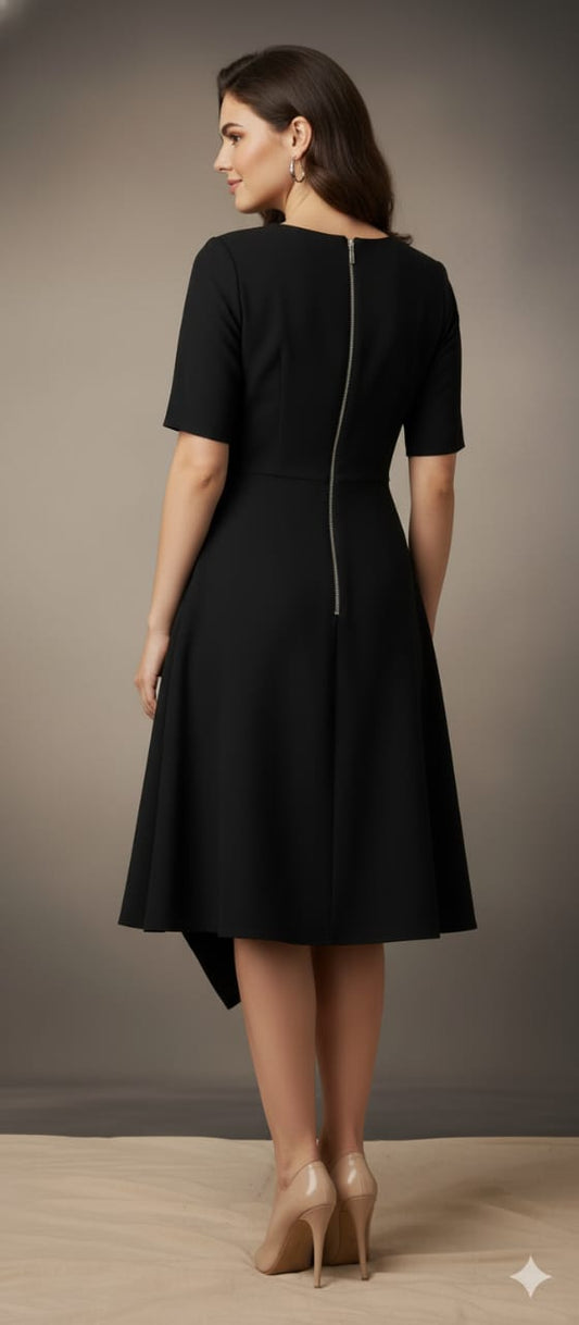 Elegant Black A-Line Midi Dress with Back Zip