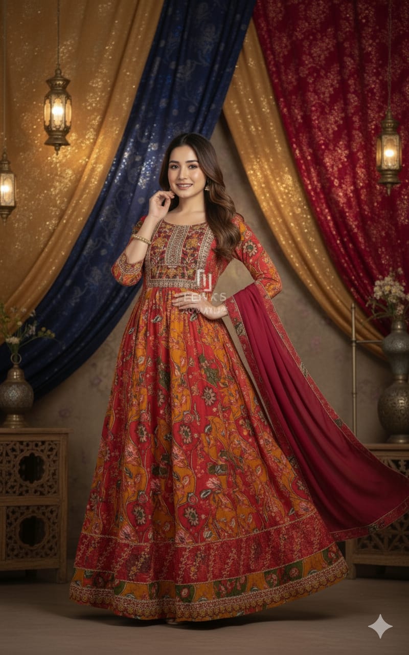 Floral Print Anarkali Suit with Embroidered Yoke & Dupatta