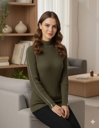 Women’s Ribbed High-Neck Sweater with Sleeve Zipper Detail – Olive Green