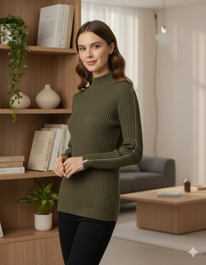 Women’s Ribbed High-Neck Sweater with Sleeve Zipper Detail – Olive Green