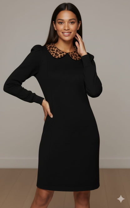 Black Midi Dress with Leopard Print Collar