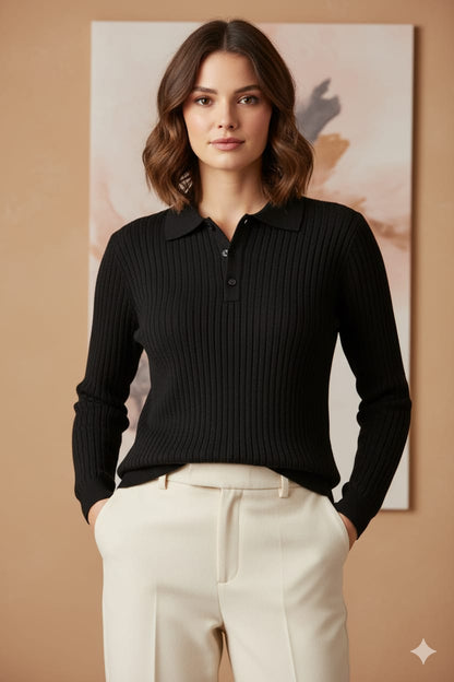 Black Ribbed Knit Polo Sweater