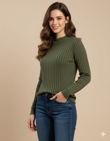 Olive Green Ribbed Knit Sweater