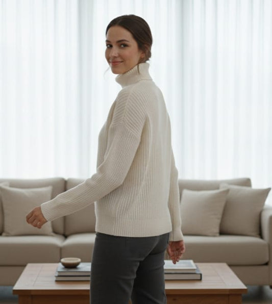 Cream Ribbed Turtleneck Sweater