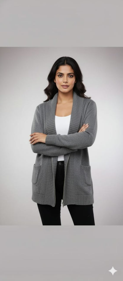 Women’s Cozy Grey Knitted Zip-Up Cardigan
