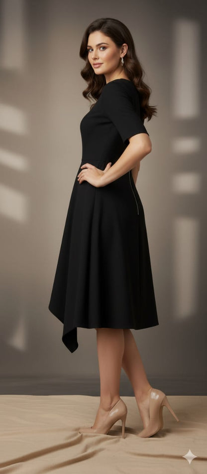Elegant Black A-Line Midi Dress with Back Zip