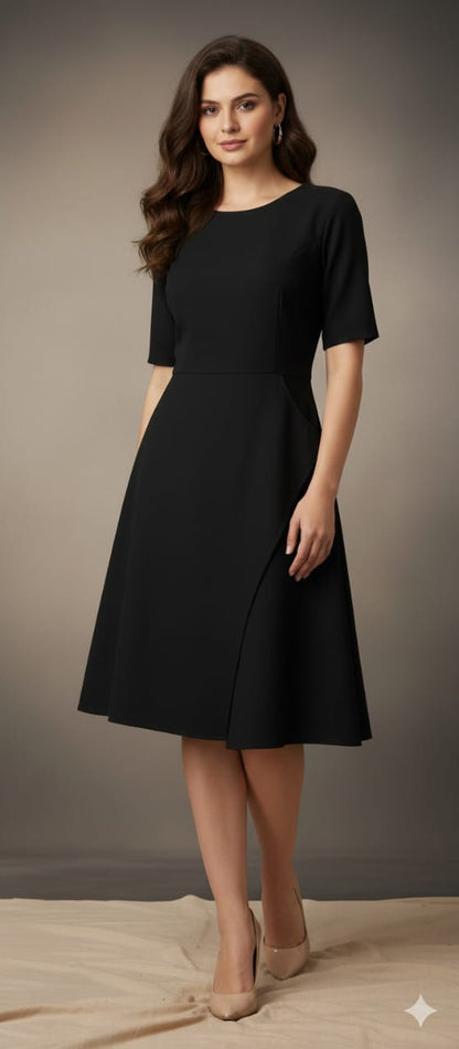 Elegant Black A-Line Midi Dress with Back Zip