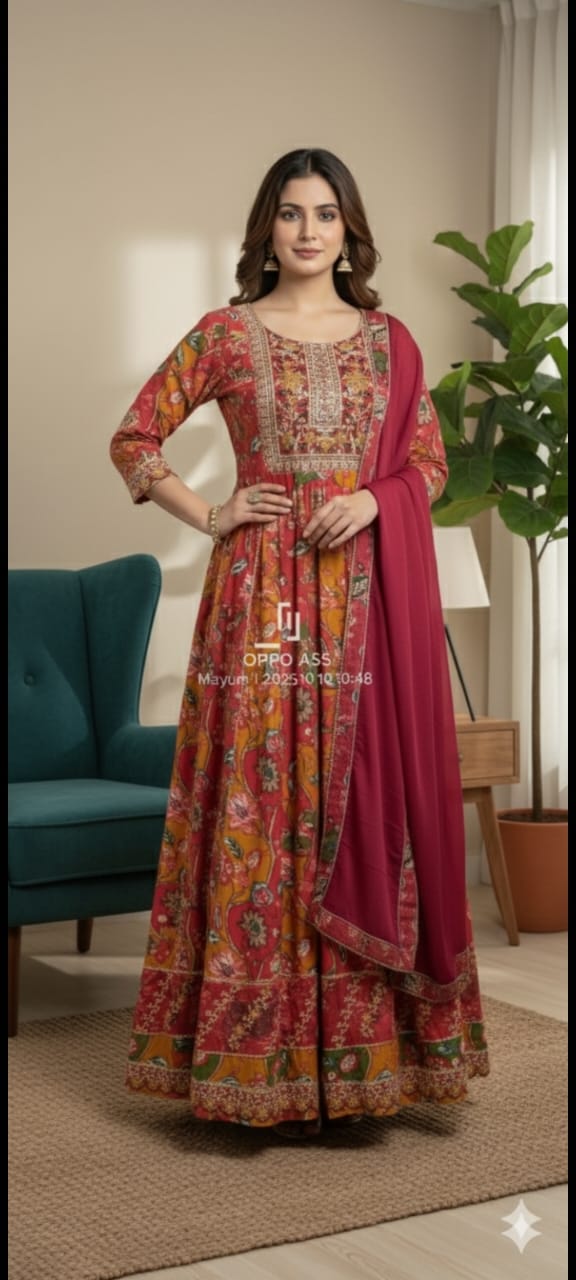 Floral Print Anarkali Suit with Embroidered Yoke & Dupatta