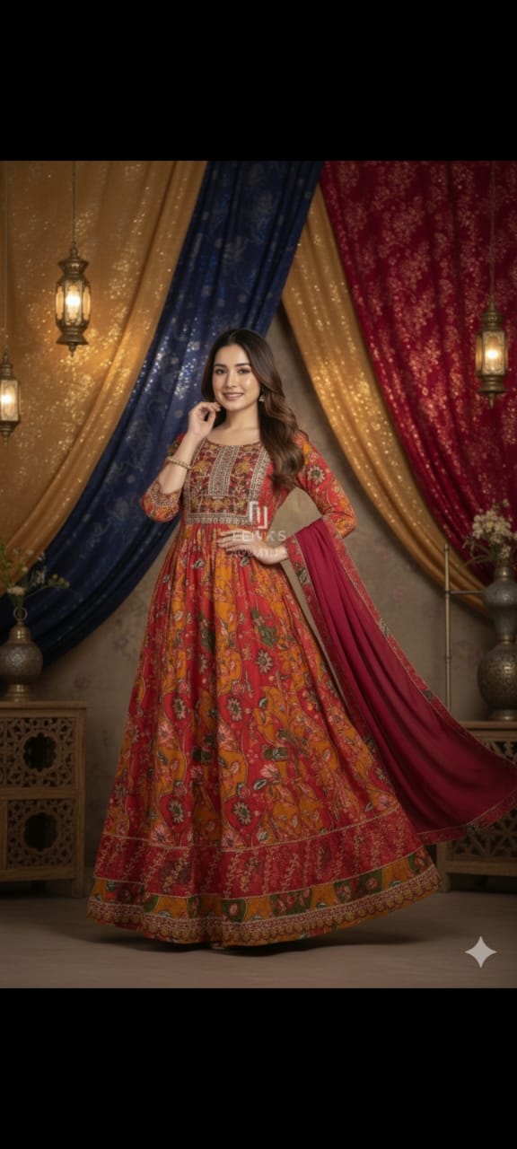 Floral Print Anarkali Suit with Embroidered Yoke & Dupatta