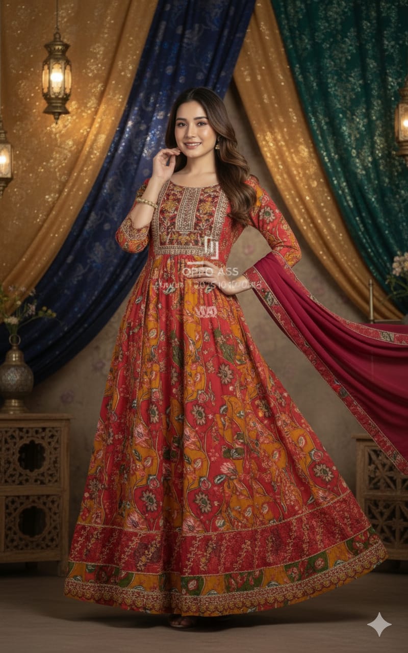 Floral Print Anarkali Suit with Embroidered Yoke & Dupatta