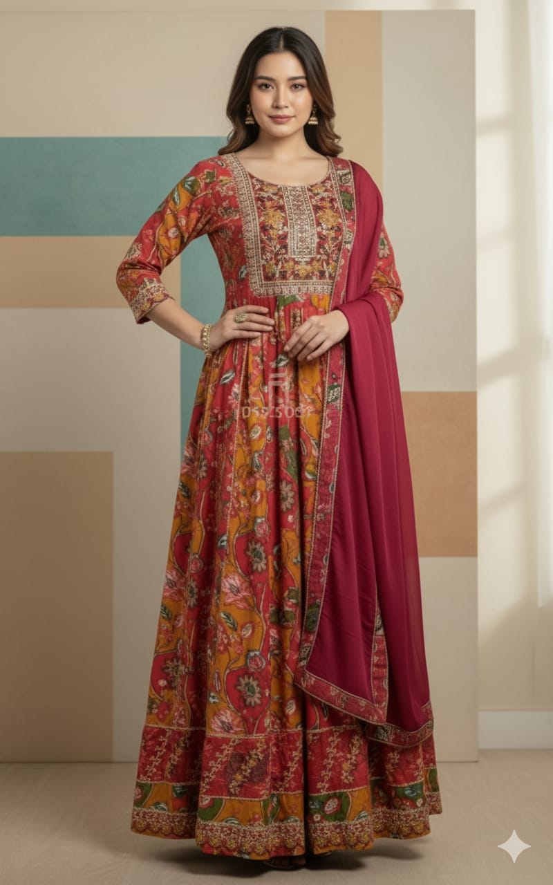 Floral Print Anarkali Suit with Embroidered Yoke & Dupatta
